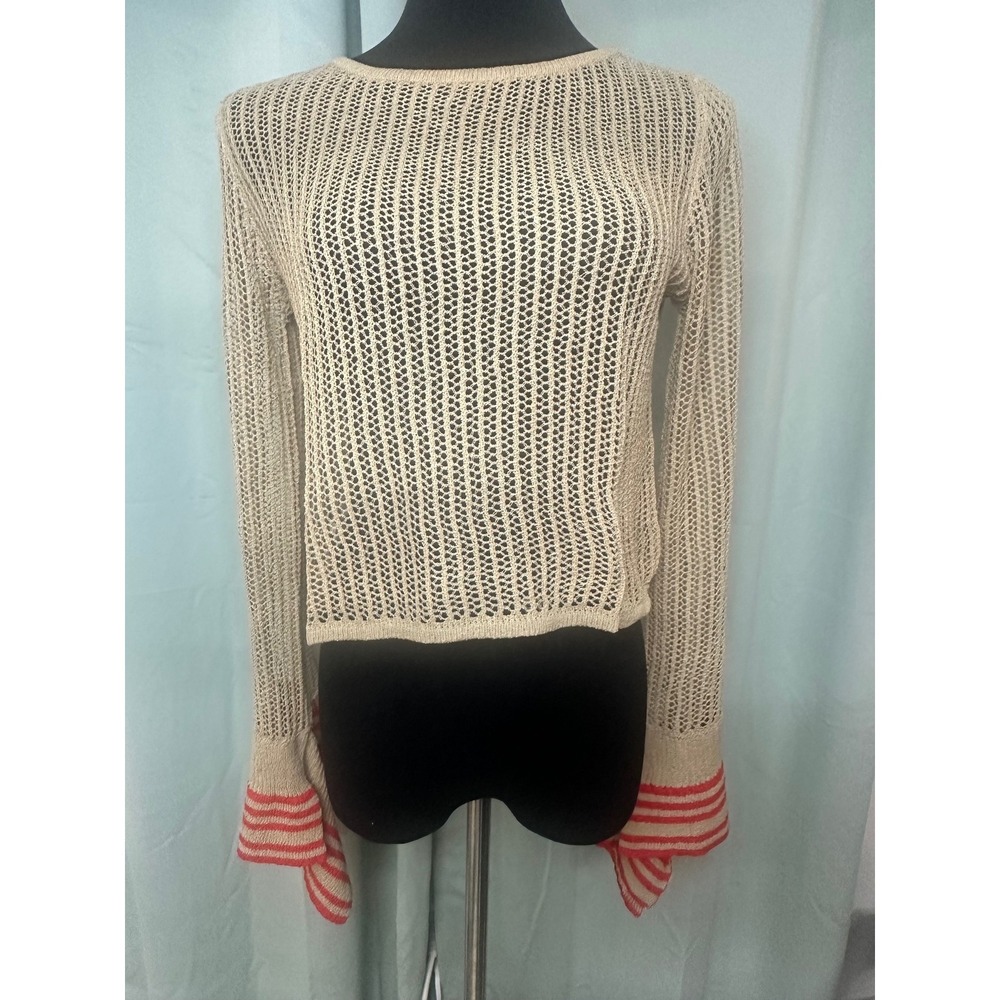 Hayden Los Angeles Knit Mesh Bell Sleeve Cropped Sweater Top Beige Red Stripe S